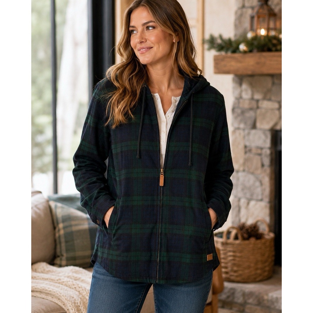 LL Bean Flannel Hoodie Women M Tall NWT Tartan Plaid Black Watch Full Zip